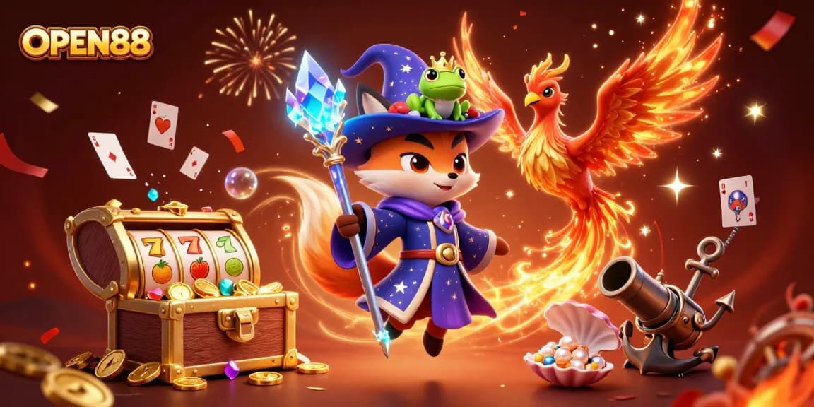 Experience a vibrant illustration of OPEN88 showcasing thrilling slot adventure with magical characters.