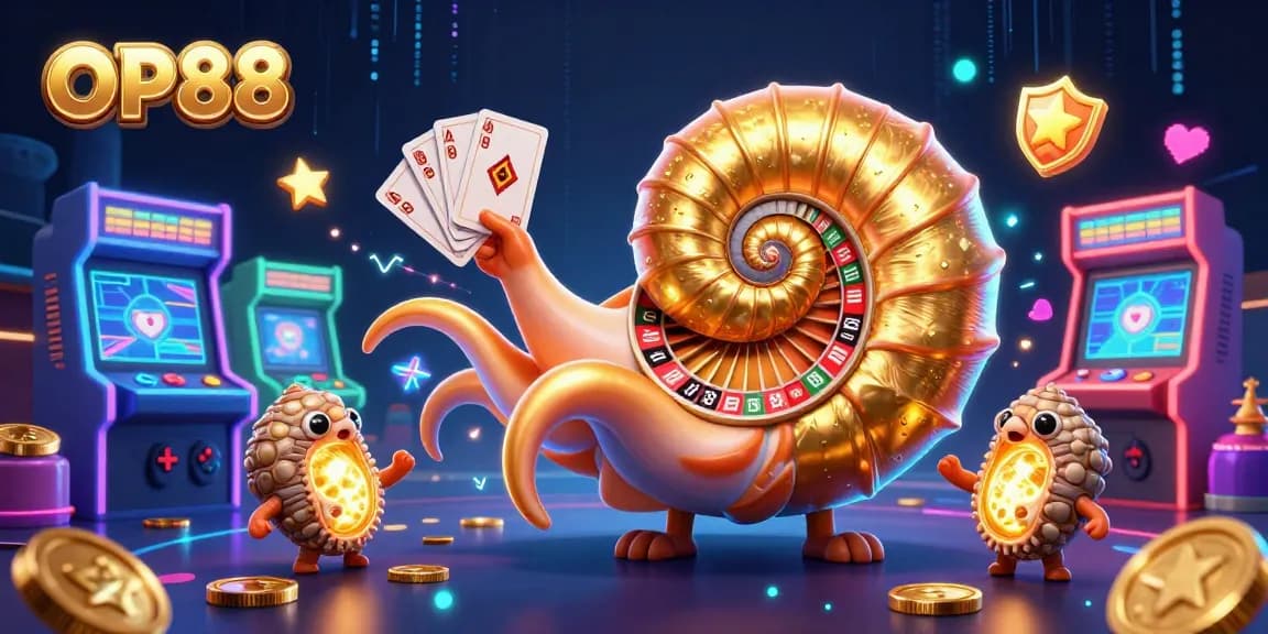 Experience OP88's vibrant 3D casino world with a giant nautilus and glowing game elements.