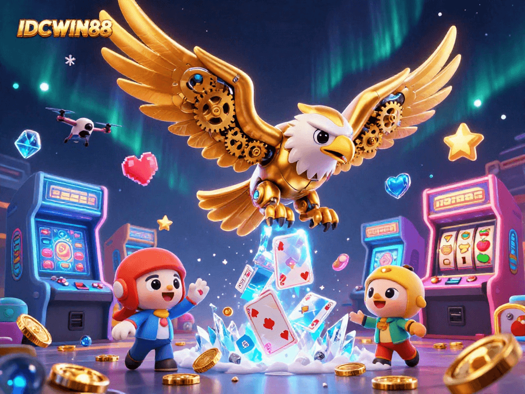 Engage with the thrilling world of IDCWIN88 as the cybernetic eagle dives through holographic cards.