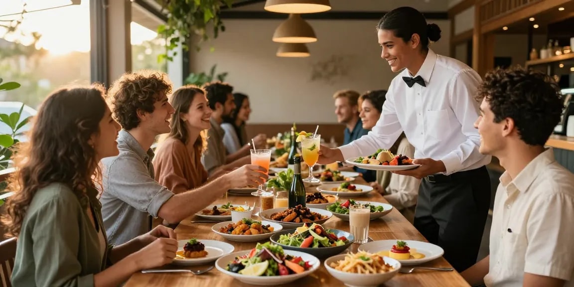 A group enjoying diverse dishes at River City Restaurant embodies rokok88 link alternatif inviting dining experience.