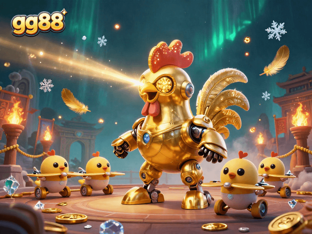 Experience excitement with gg88 in this vibrant 3D casino scene featuring a golden rooster robot and drones.