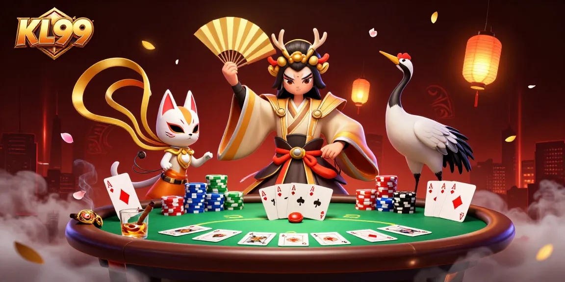 Experience KL99's thrilling atmosphere with a kabuki warrior and poker elements in vibrant detail.