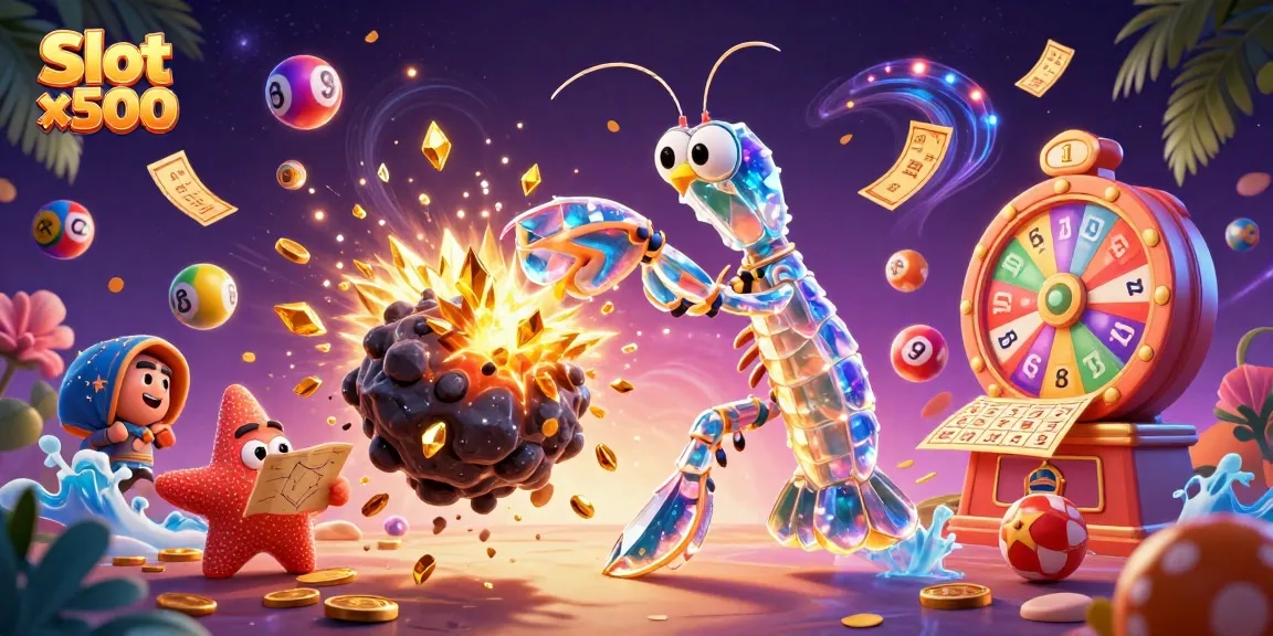 Experience the thrill of Slot x500 with a dynamic scene of animated characters, coins, and lottery elements.