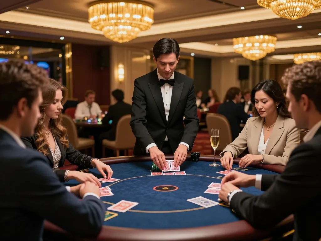 Players enjoying a high-stakes game at tic88 casino's VIP poker table in an upscale setting.