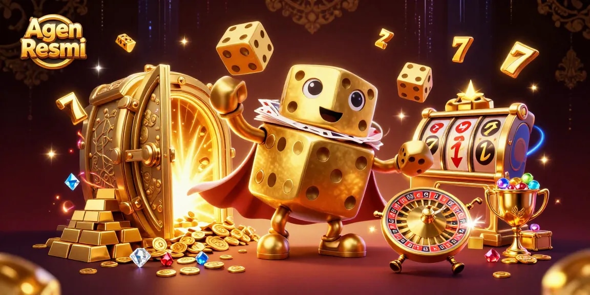 Agen Resmi showcases a vibrant scene of a golden dice golem with sparkling game elements for an exciting casino experience.