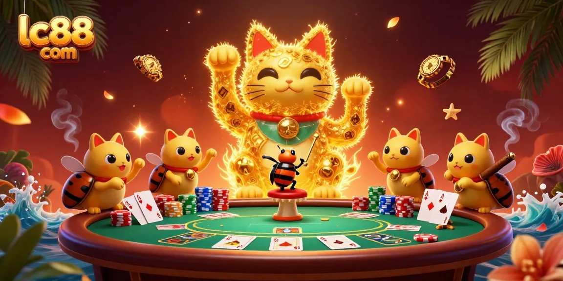 Engage with lc88 com in a vibrant 3D casino scene featuring a lucky cat, poker elements, and a conductor beetle.