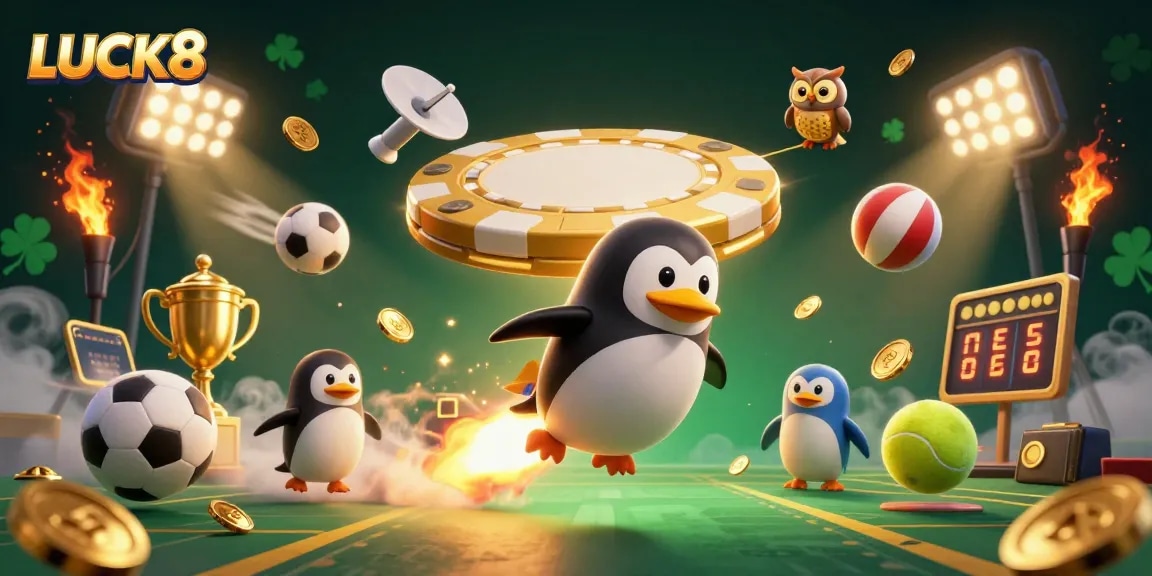 Experience the thrill of LUCK8 with this lively illustration of a rocket-powered penguin blasting towards a casino!