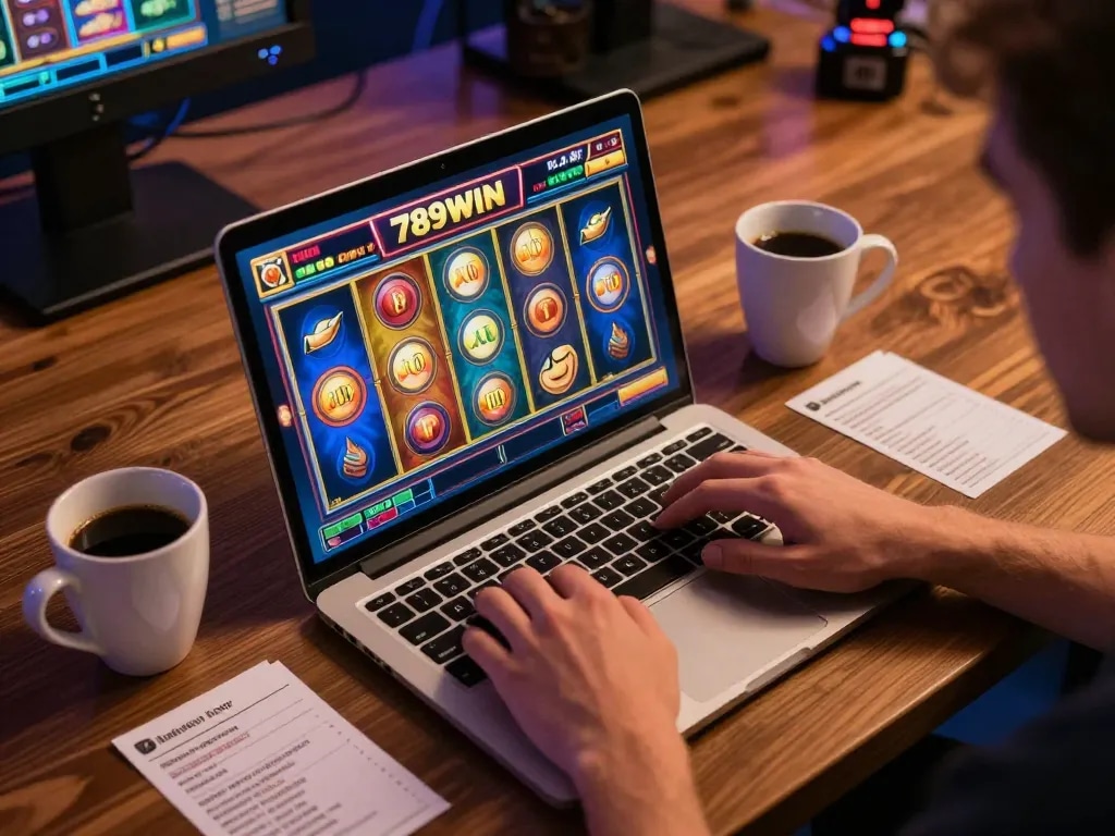 Engaging in exciting 789WIN online slots gameplay from a cozy home desk.