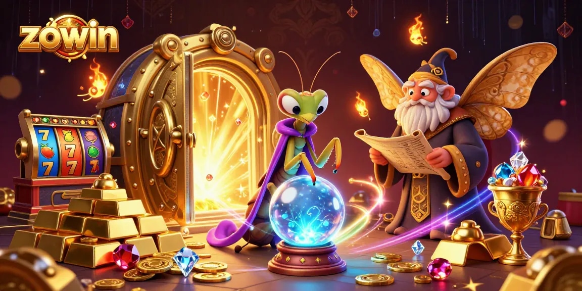 Engage with zowin's magical world featuring fortune tellers and treasures in a vibrant casino scene.