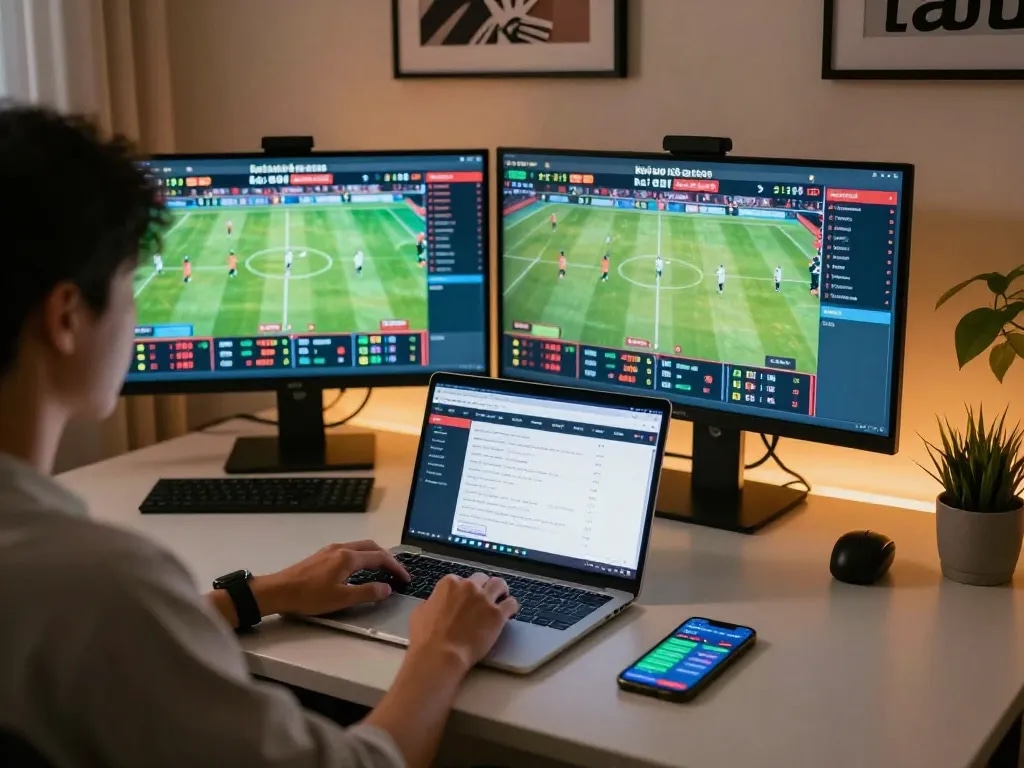 Betting strategy being analyzed with kèo nhà cái displayed on multiple screens in stylish home office.