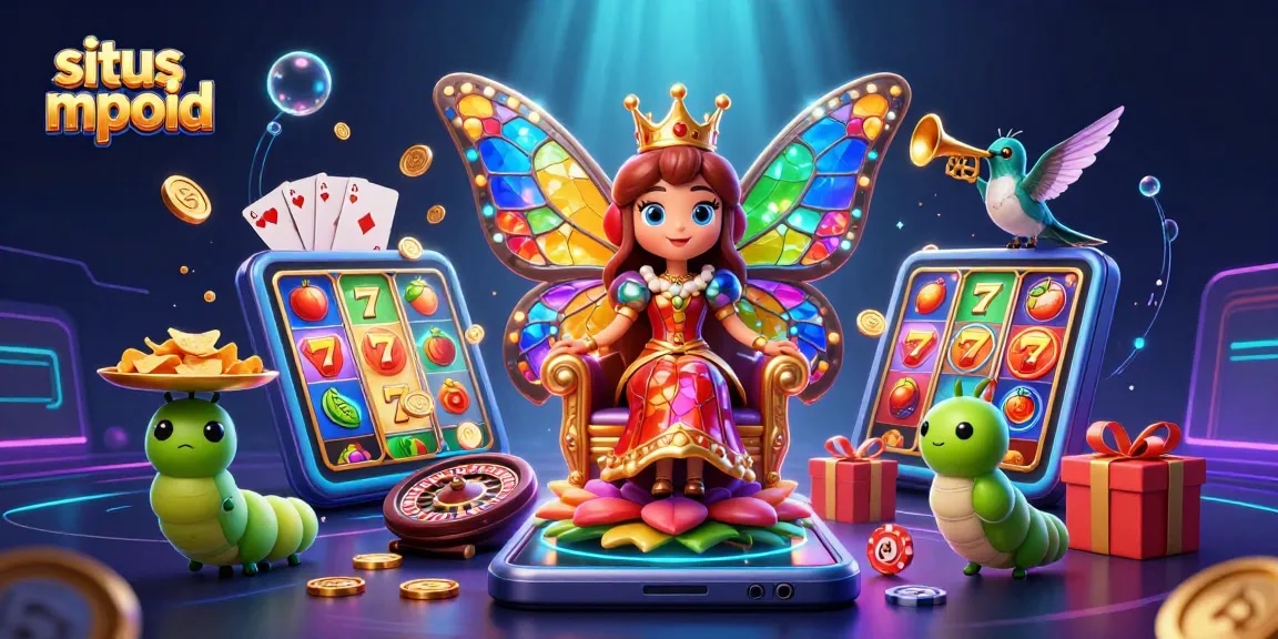 Engage with situs mpoid's vibrant 3D illustration showcasing a butterfly queen in a casino realm, surrounded by games and golden rewards.