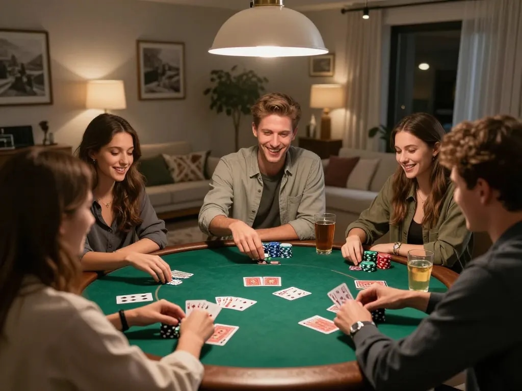 Friends enjoying an exciting poker night at home with SC88, showcasing strategy and camaraderie.