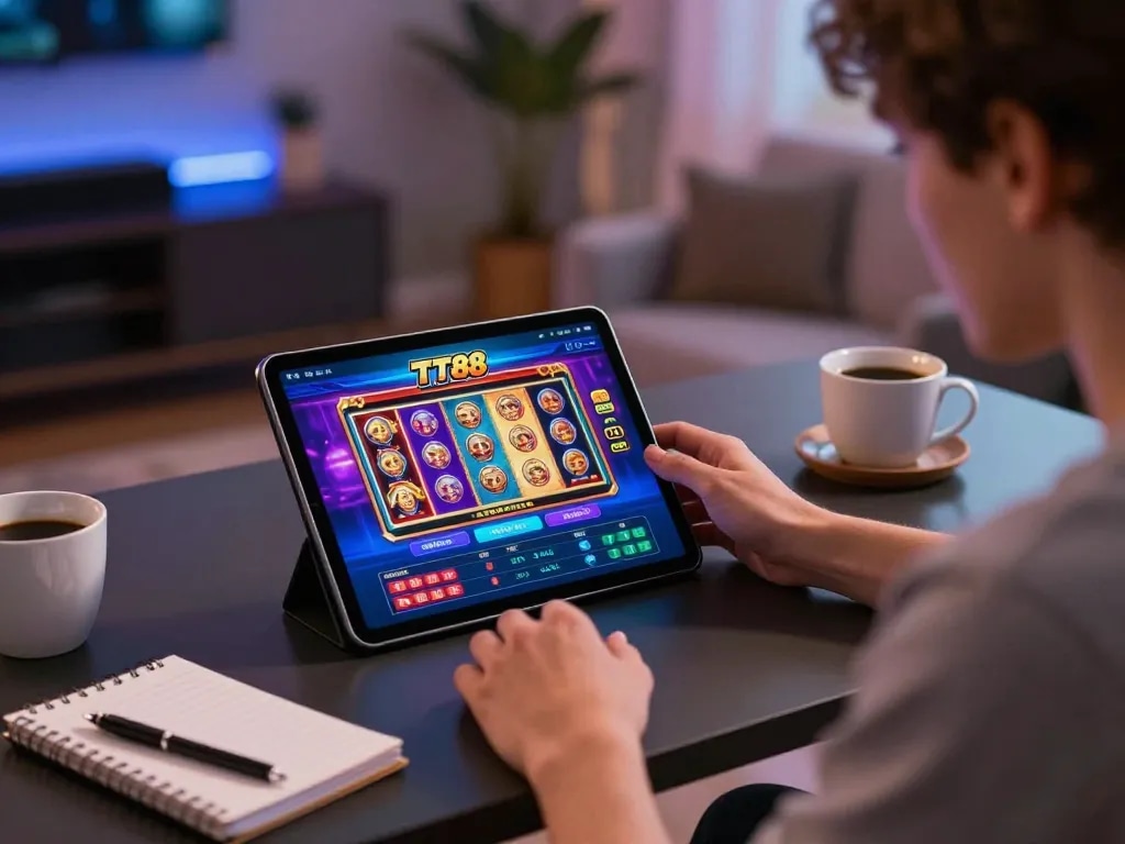 Engaging user plays on the TT88 casino app on a tablet, surrounded by cozy home decor.
