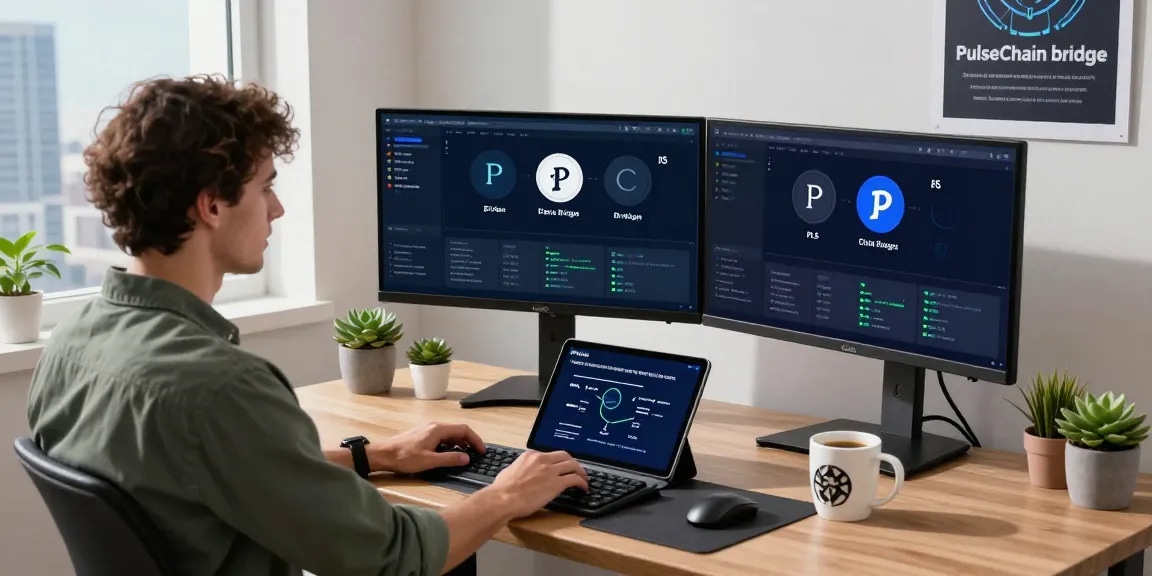 PulseChain Bridge interface on modern cryptocurrency workspace with developer showcasing token bridging capabilities.