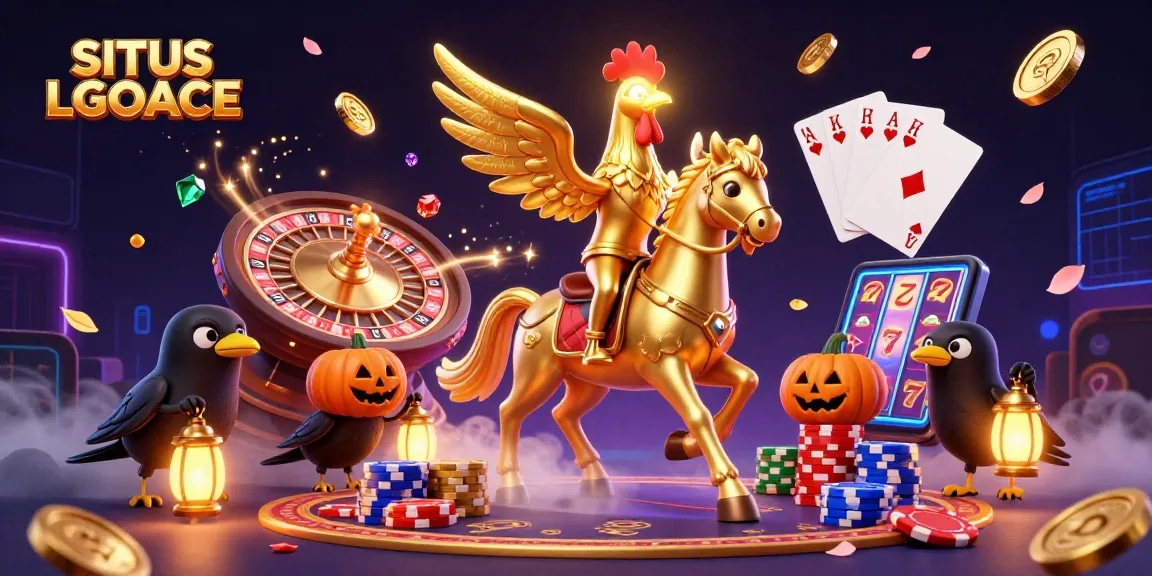 SITUS LGOACE showcases a jubilant slot game scene with a golden rooster and crow companions amidst casino elements.