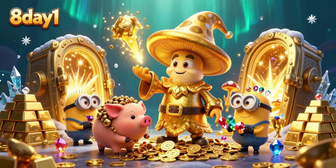 Experience the thrill of winning at 8day1 with vibrant casino characters surrounded by gold and treasures.