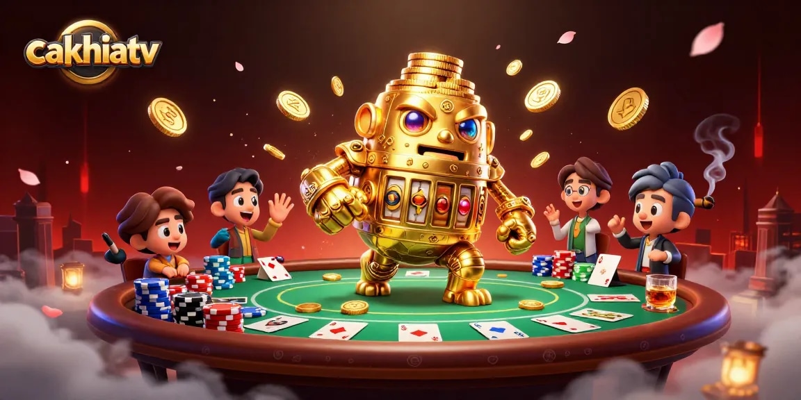 Cakhiatv showcases a vibrant 3D illustration of a golden golem amidst a dynamic poker scene with rich details.