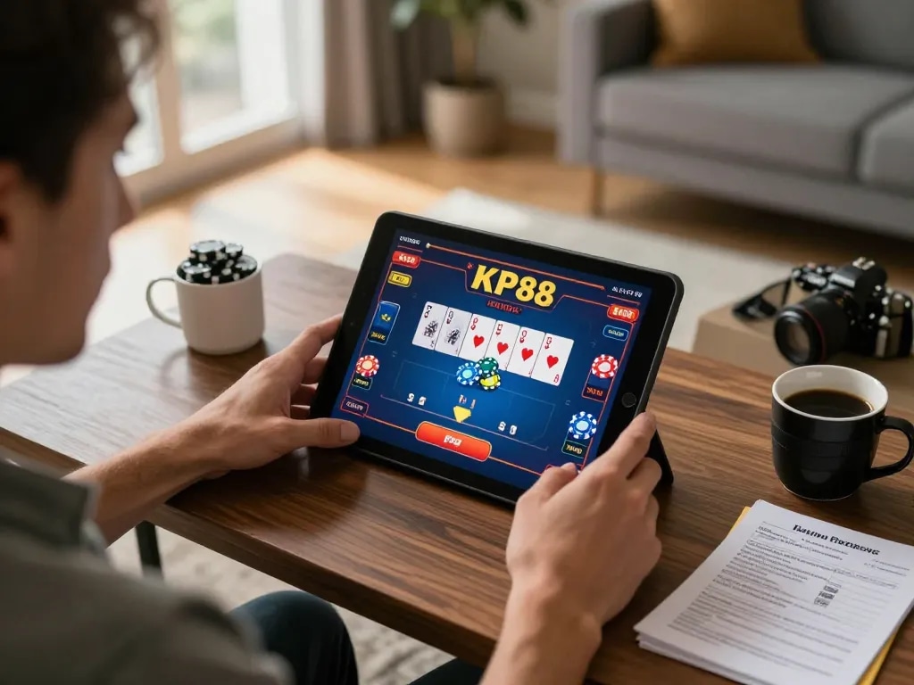 Engaged player enjoying KP88 poker game on tablet in cozy home setting, showcasing gaming experience.