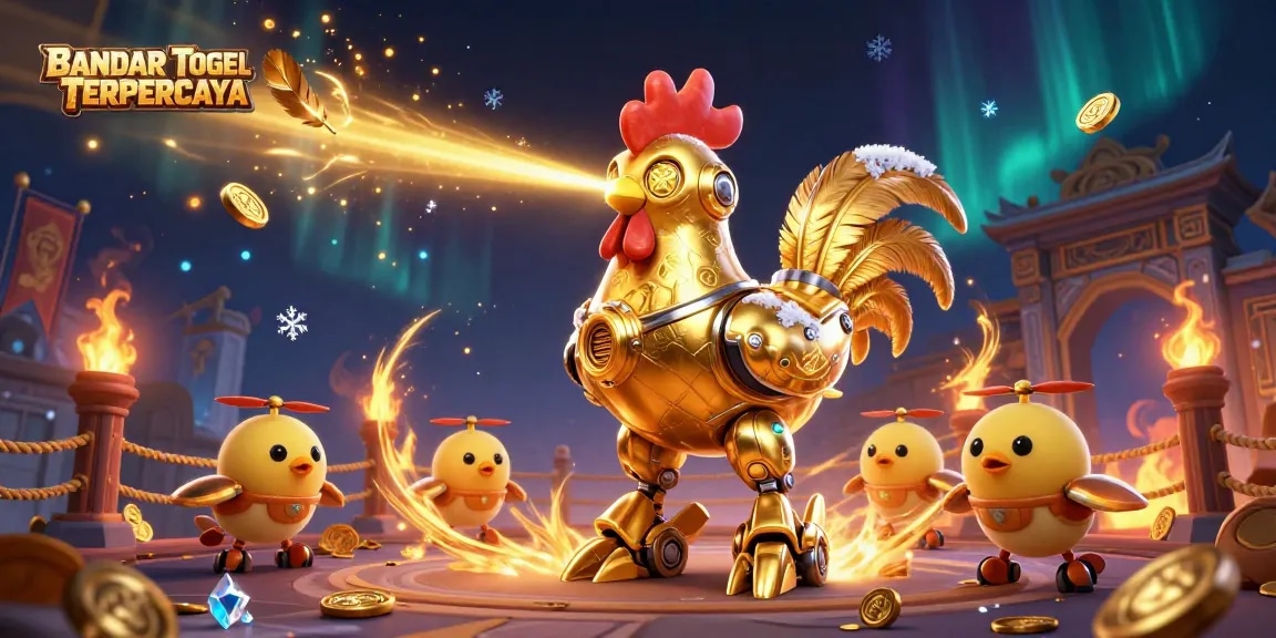 BANDAR TOGEL TERPERCAYA showcases a captivating 3D robotic rooster and drone chicks amidst a dynamic casino scene.