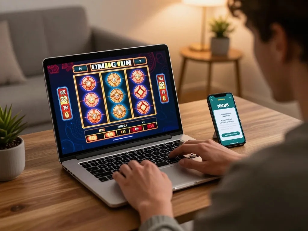 Player engaging with NK88 online casino slots from home, showcasing dynamic gameplay.