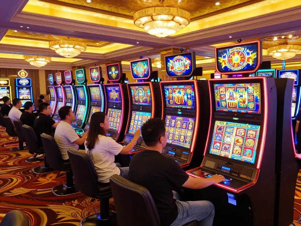 Pemain menikmati berbagai mesin slot yang menarik di lingkungan kasino yang penuh warna, ditangkap dalam detail yang hidup.