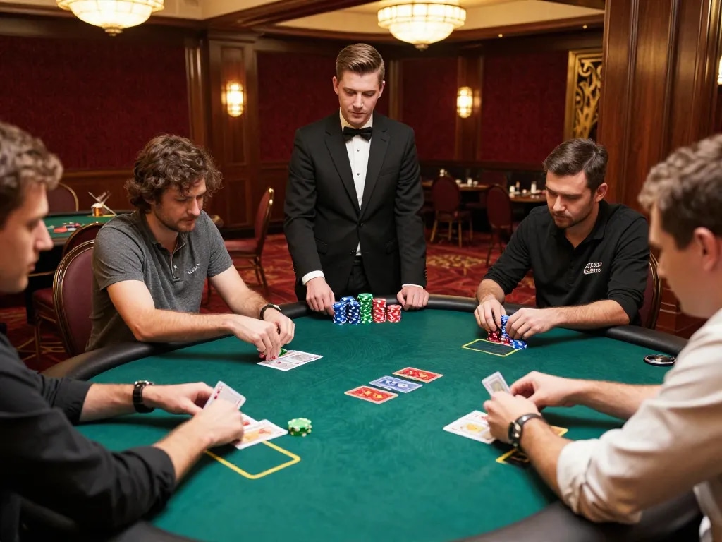 Exciting poker game at o8casino with players focused and chips stacked high on the table.