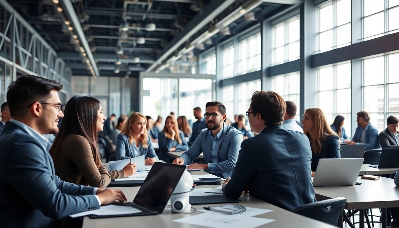 Explore a vibrant conference by a construction member organization with professionals collaborating actively.