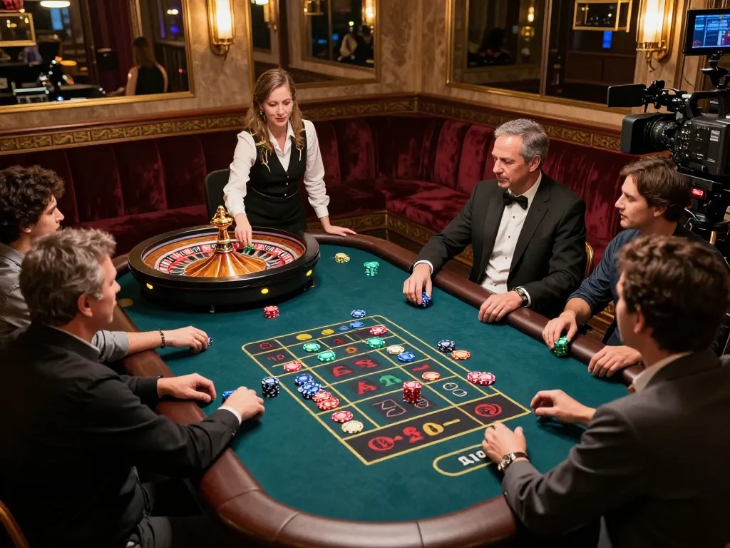 Players thrill at the roulette table in an upscale live casino scene, capturing the excitement of 88aa.