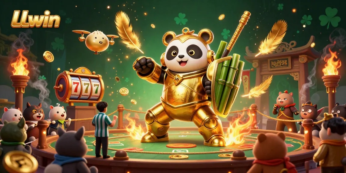 Experience thrilling LLwin casino action in a vibrant arena with a golden panda and dynamic game elements.
