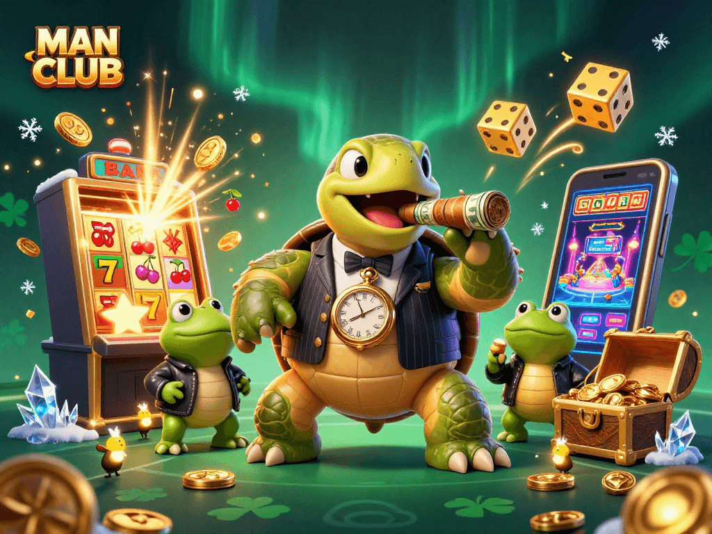 Engage in exciting gameplay at MAN CLUB with a vibrant casino scene featuring animated characters.