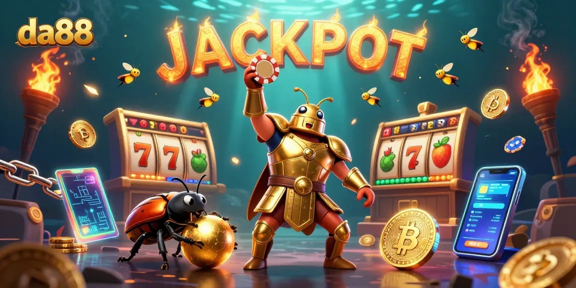 da88 showcases a victorious beetle in sparkling casino scenes celebrating with jackpots and cryptocurrencies.