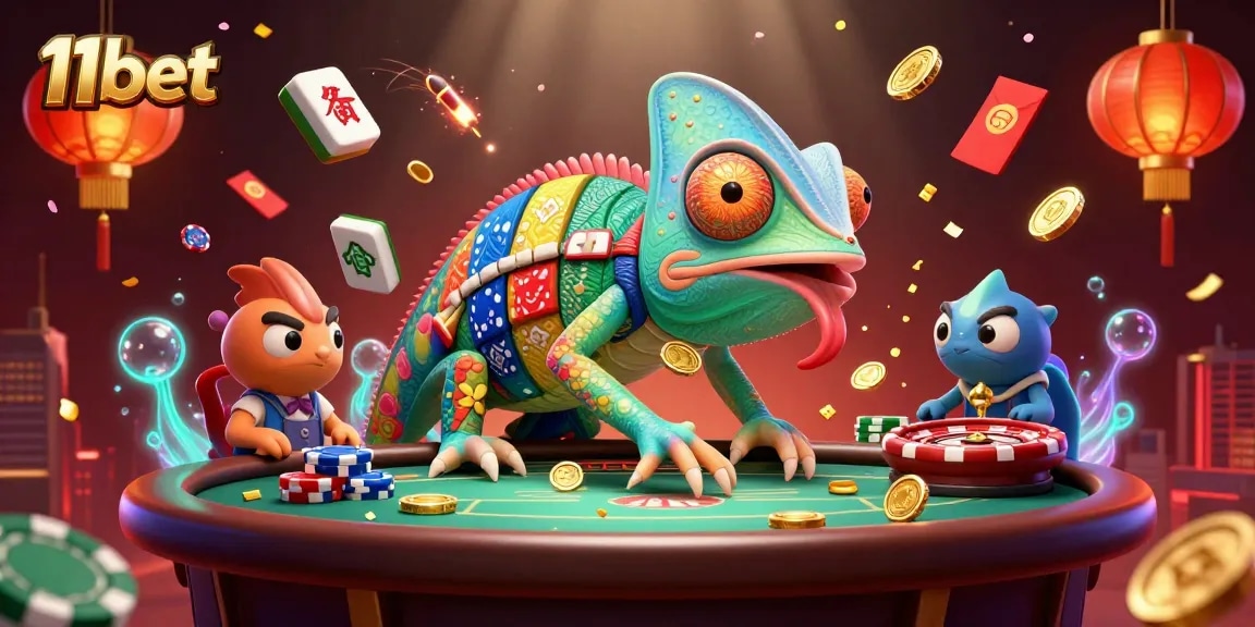 Engage with the vibrant 11bet casino scene, featuring a chameleon amidst dynamic game elements.