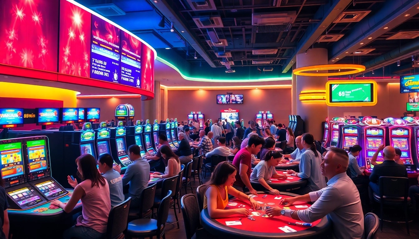 Exciting casino scene at 98win showcasing diverse players engaged in gaming activities.