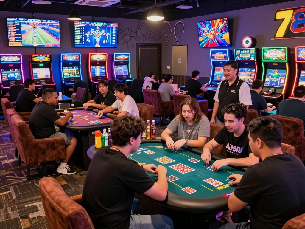 Engaged players enjoying card games at the vibrant 789 club gaming lounge with colorful lights.