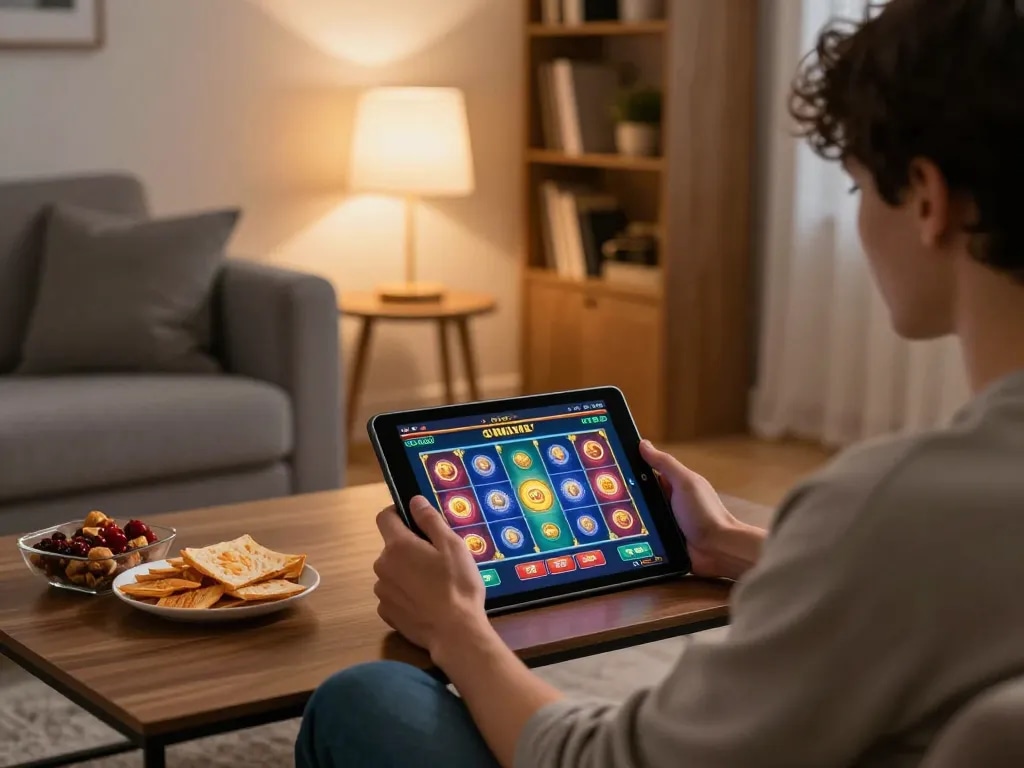 Player enjoying online casino slots on tablet for s666 in cozy home setting.