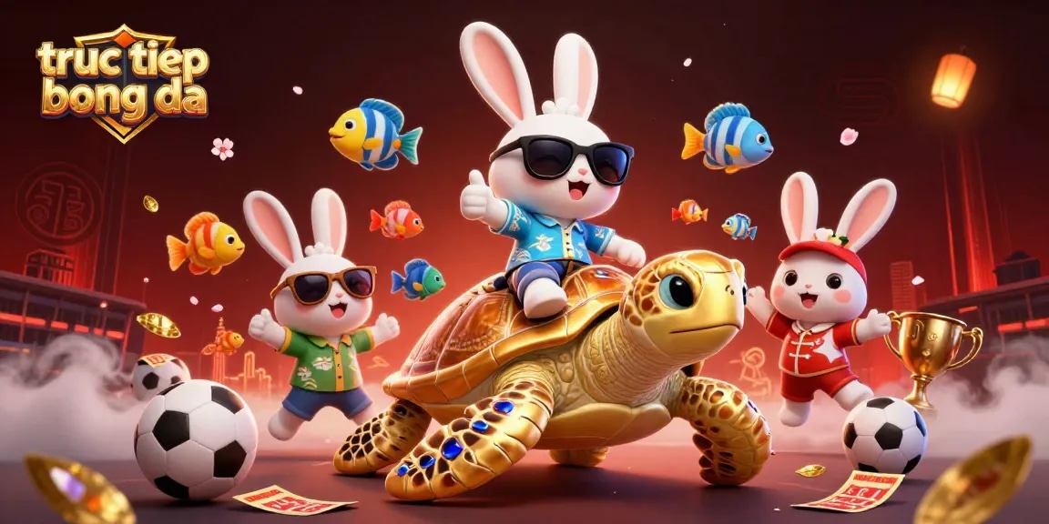 Engage with truc tiep bong da as a lucky rabbit celebrates on a sea turtle surrounded by dynamic sports elements.