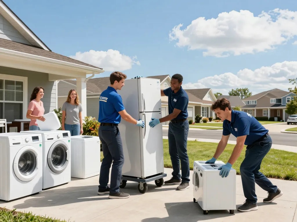 Appliance removal service in action, team lifting refrigerator and sorting appliances, showcasing efficiency and professionalism.