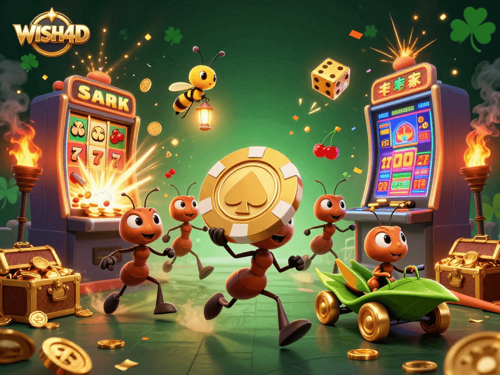 Experience a WISH4D casino adventure with ants, golden chips, and rich 3D elements!