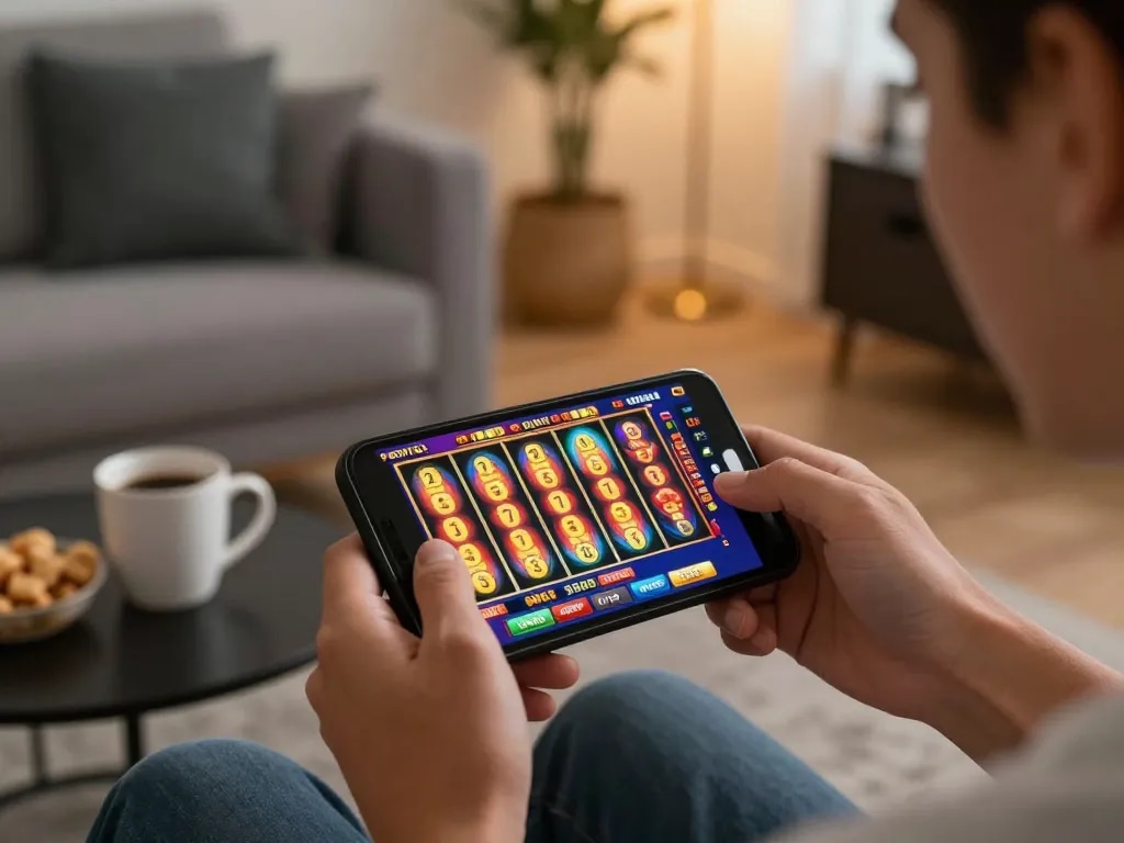 Player enjoying slot gacor on smartphone in modern living room, highlighting mobile gaming.