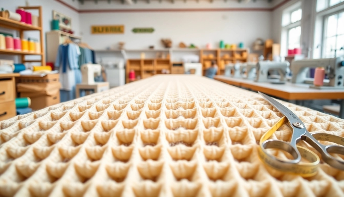 Wafeldoek met unieke textuur en kleur in een heldere werkplaats voor textiel.
