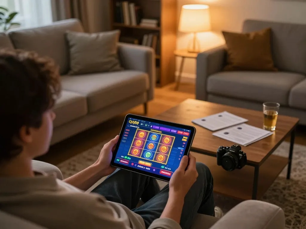 Player engaging with the qq88 online casino app on a tablet, showcasing a cozy gaming atmosphere