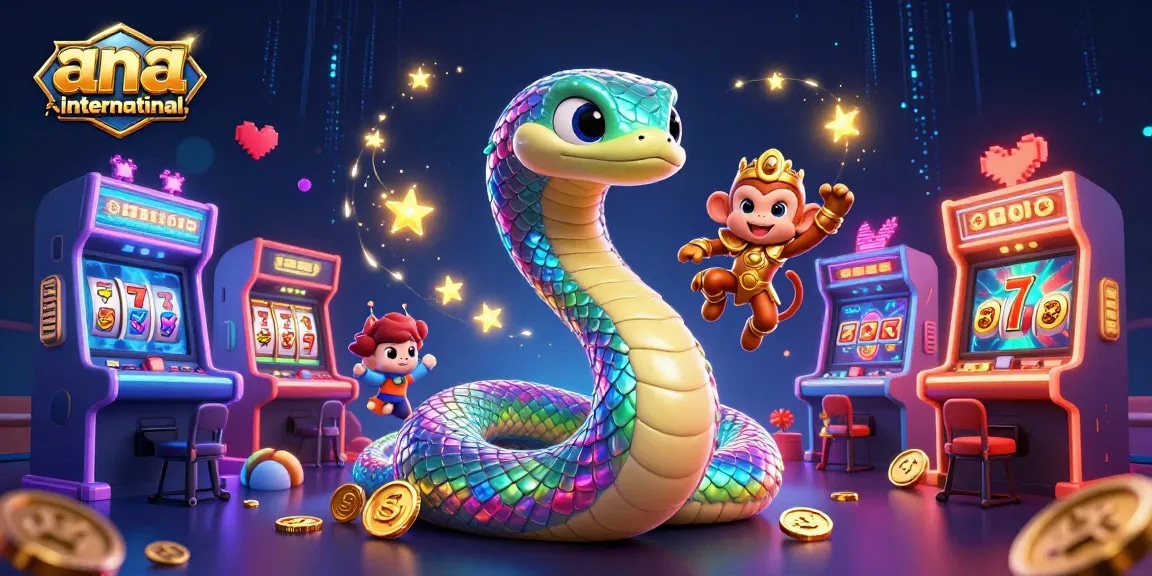 Experience the thrill of gambling at ana-international with a vibrant 3D scene including a rainbow serpent and casino elements.