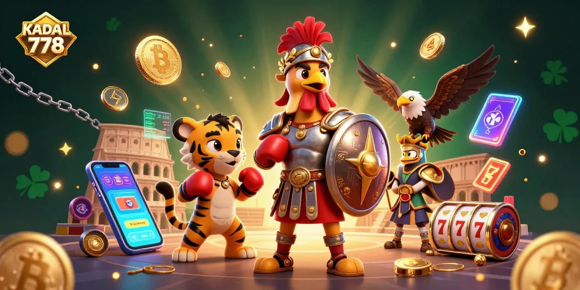 KADAL 778 brings excitement with a dynamic 3D illustration featuring a gladiator rooster, crypto elements, and vibrant casino imagery.