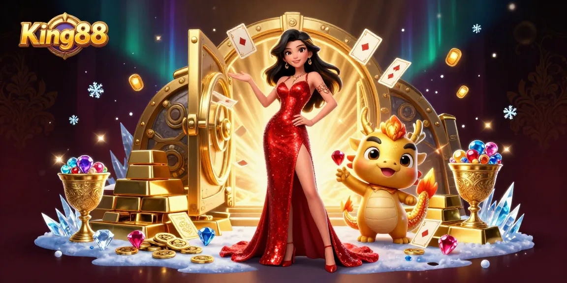 Win big at King88 with an elegant scene featuring iconic symbols of luck and prosperity.