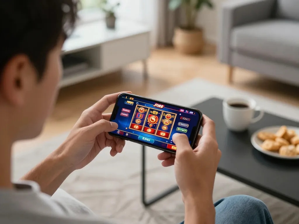 Tải J188 through an engaging mobile app experience with exciting casino graphics displayed on the smartphone