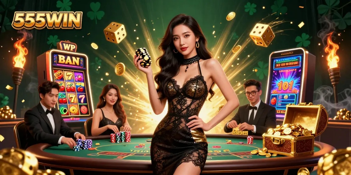 Experience the excitement at 555WIN with a glamorous casino scene featuring a confident player and vibrant jackpot elements.
