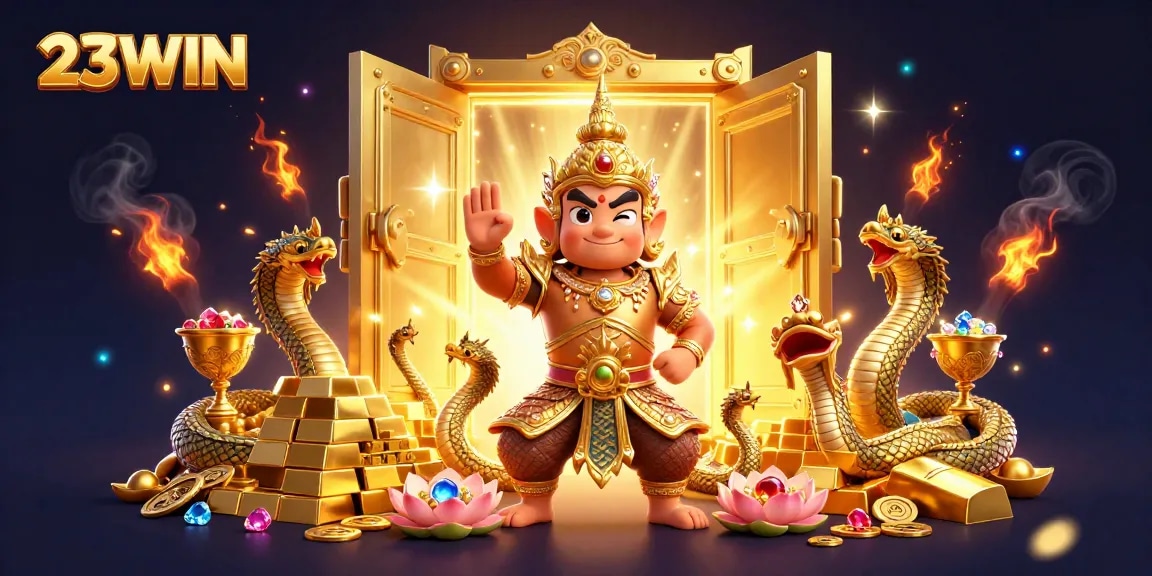 Engage in thrilling gameplay at 23WIN with an enchanting illustration of temple guardians surrounding golden treasures.