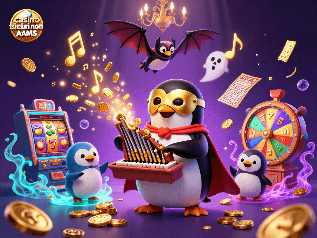 Gioca nei casino sicuri non AAMS con un'illustrazione vivace e dettagliata di un pinguino fantasma all'opera.