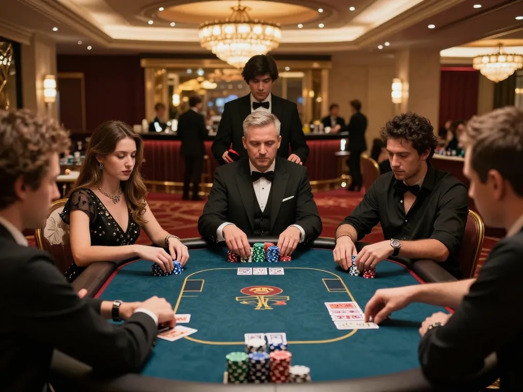 Engaged players at a poker game raising chips in an upscale casino, highlighting j88 gameplay dynamics.