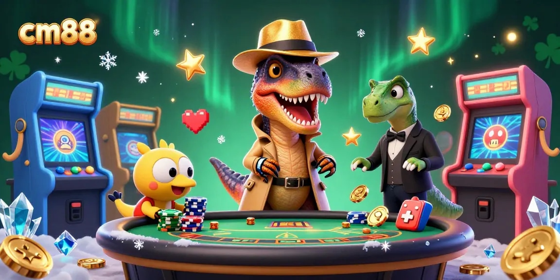 cm88 showcases a velociraptor card counter at a blackjack table amid colorful casino elements, highlighting immersive gameplay.